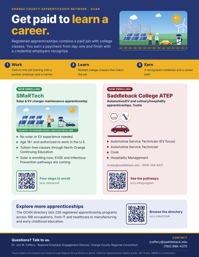 Student apprenticeship flyer titled Get paid to learn a career, showing the Work, Learn, Earn steps and the now-enrolling SMaRTech and Saddleback College ATEP apprenticeships