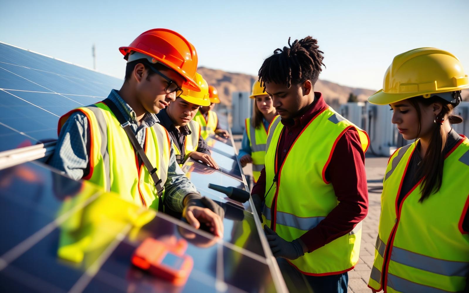 Apprentice technicians inspecting a commercial solar array