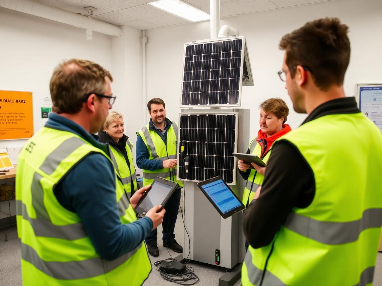 Adult apprentices training with tablets beside a solar panel and EV charger rig
